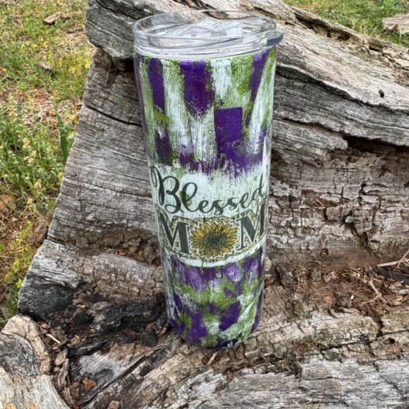Blessed Mom Tumbler 20oz Purple, Green and White Distressed Hogg Tumbler - Picture 7 of 9